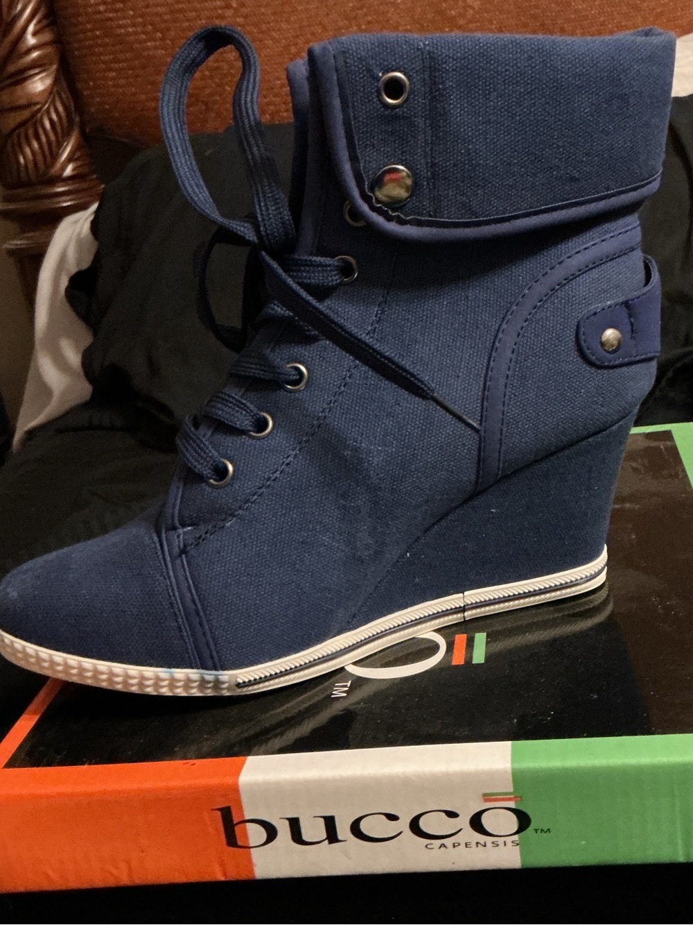 bucco Navy Canvas Wedge Lace-Up Bootie